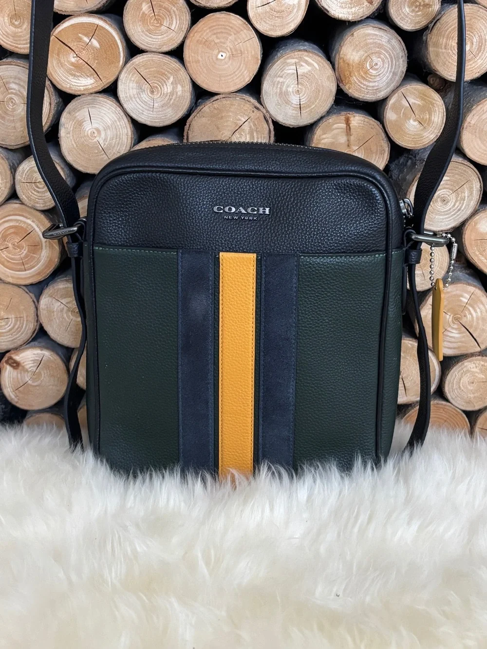 COACH Hudson Crossbody 21 Varsity Stripe Leather Messenger Bag